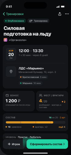 Экран занятия: явка, состав, вратари