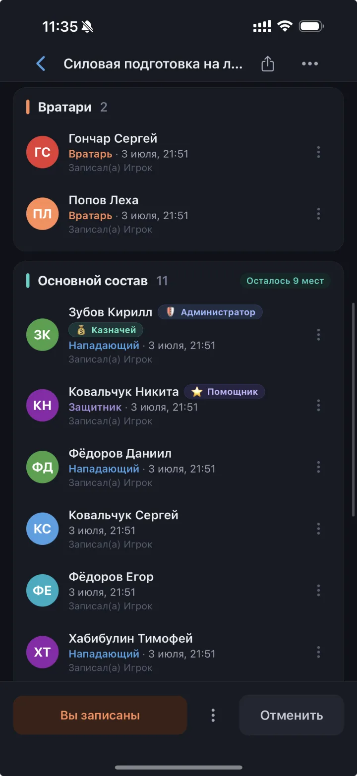 Записавшиеся на тренировку: вратари и основной состав